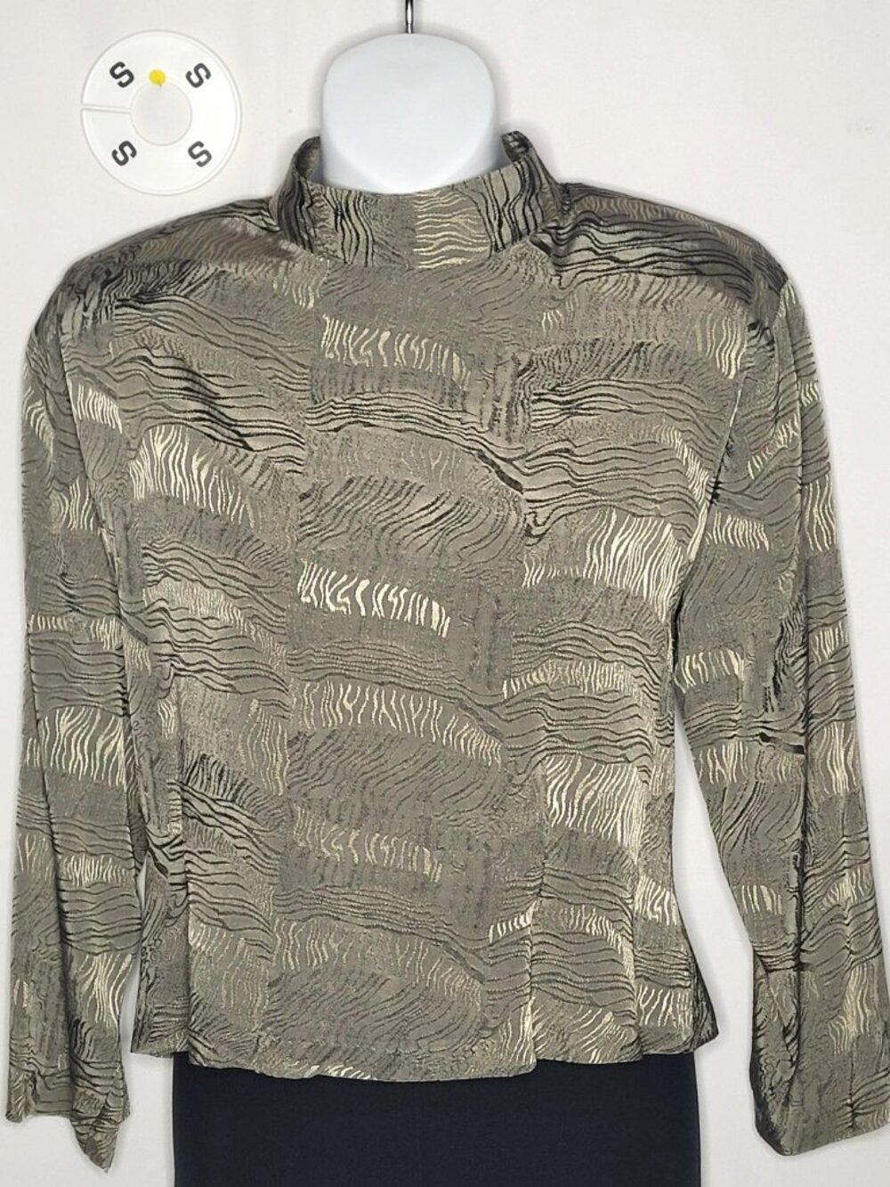 Judy Knapp CA Taupe Abstract Zebra Print Textured Blouse Small 90s